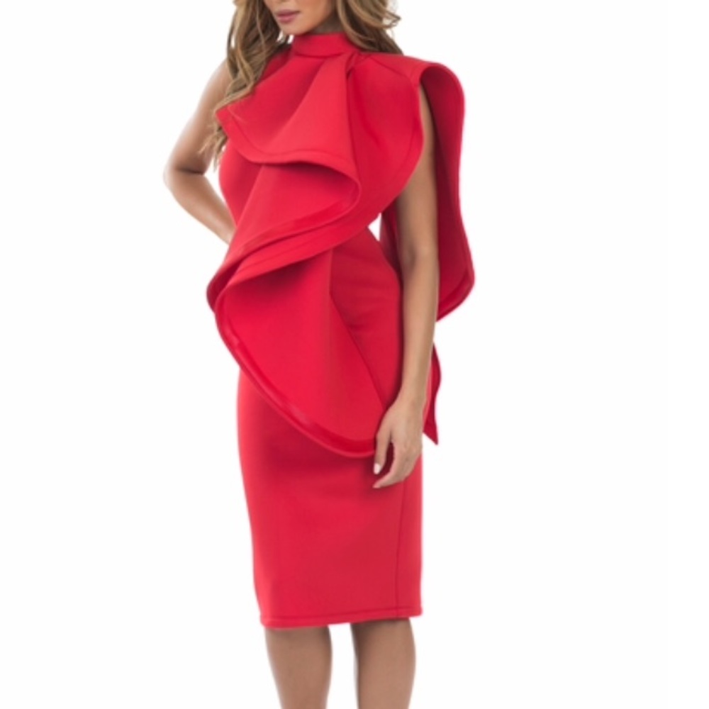 Red oversized halter ruffle dress